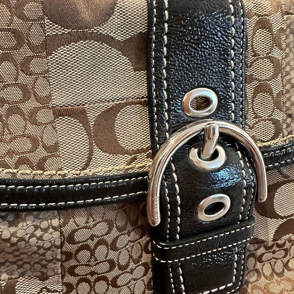Coach purse handbag black leather with tan signature printed fabric
